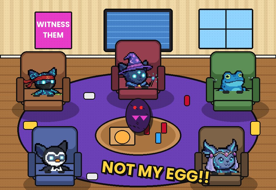 MIMUs in recliners passing a cursed egg around a messy living room